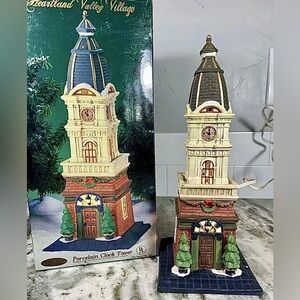 Heartland Valley Village Light Up Porcelain Clock Tower Hand Painted Collectible